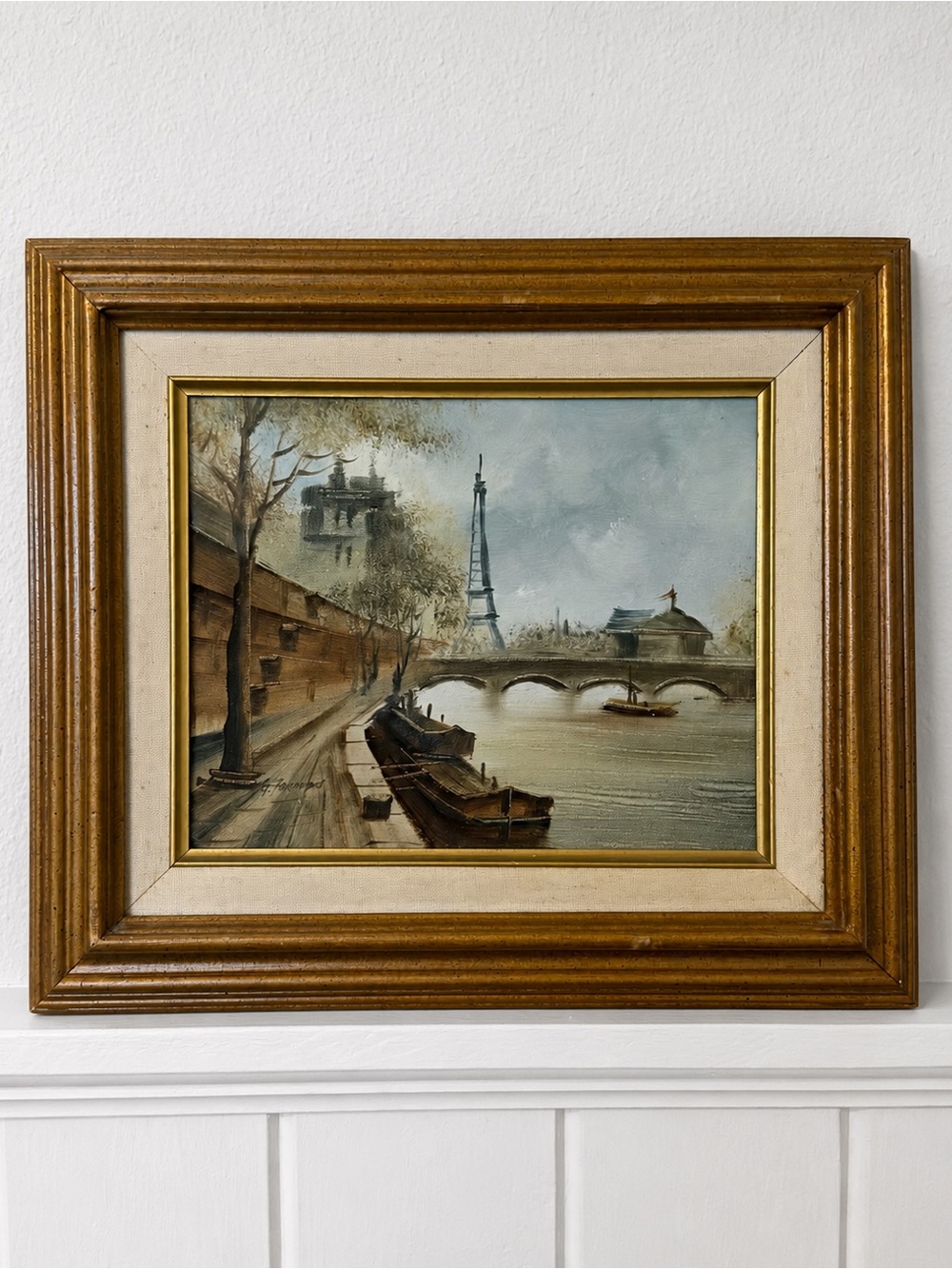 Framed Paris Riverbank Oil Painting in Brown and Gold Frame